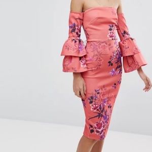 Bardot Midi Pencil Dress with Frill Sleeve